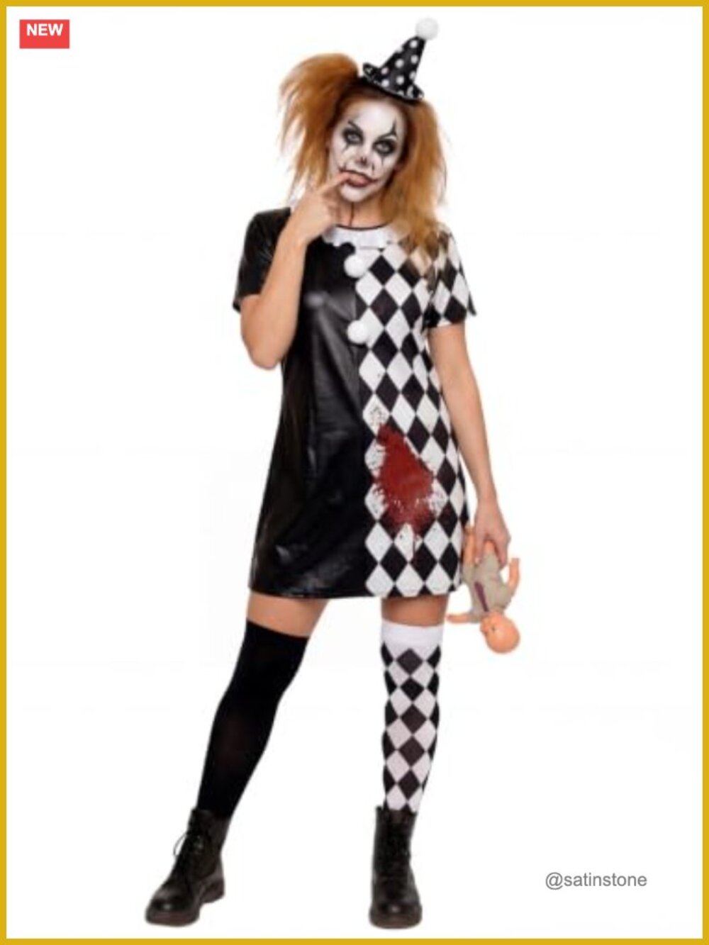 3 PCS Scary Clown Costume Women Checkered Dress Hat Socks Halloween Jester